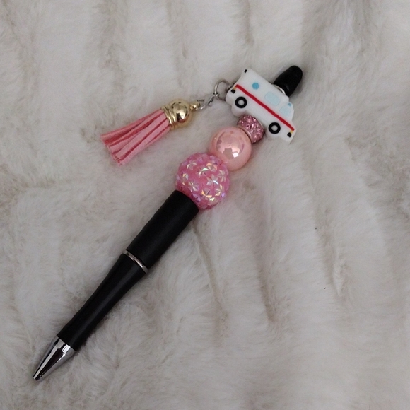 Handcrafted Other - Black and Pink Beaded Pen with  An Ambulance 🚑 Charm